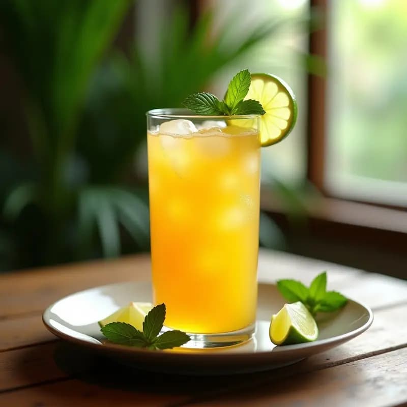 Vaso alto transparente con té de maracuyá y mentol, burbujas de lima efervescentes, rodaja de lima y hojas de mentol fresco como decoración, fondo tropical con luz natural.