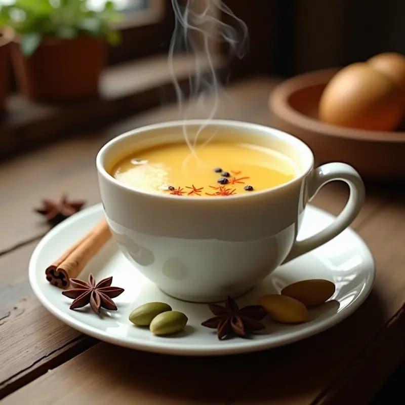 Taza de cerámica blanca humeante con té de masala dorado, leche de almendras y cardamomo, decorada con una ramita de canela y semillas de cardamomo esparcidas. Fondo de madera rústica con especias enteras al lado.