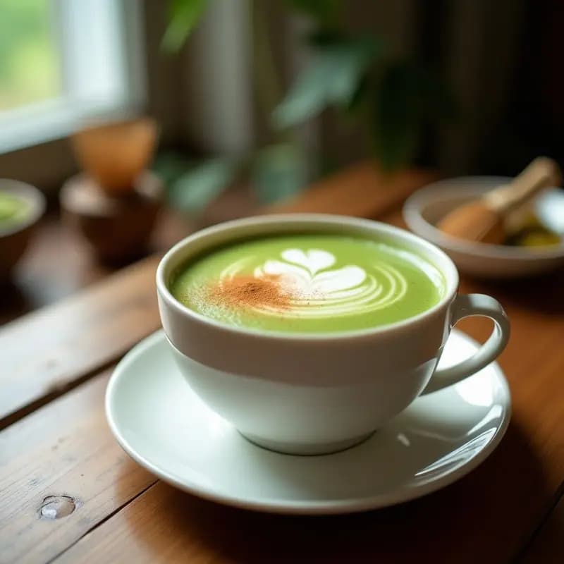 Taza blanca de cerámica con té verde matcha espumoso, leche de macadamia y miel de manuka, decorada con un espolvoreado de canela en polvo sobre una mesa de madera rústica. Bebida antioxidante para el sistema inmune con tono verde vibrante y textura cremosa.