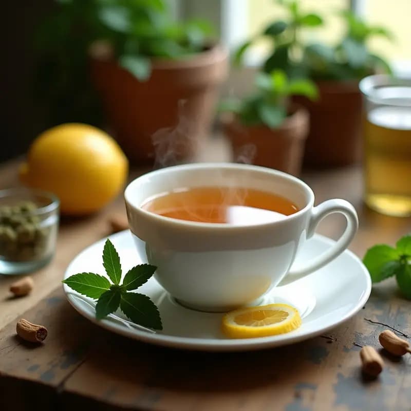 Taza de porcelana blanca con té Moroccan Mint con miel, humeante y dorado, rodeada de hojas frescas de menta y hierbabuena, cáscara de limón seco y semillas de cardamomo sobre una mesa de madera rústica. Infusión refrescante y tradicional marroquí.