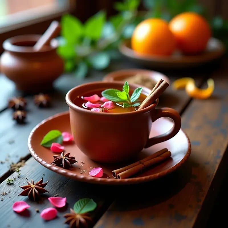 Taza de barro humeante con té moruno andaluz de color ámbar, decorada con pétalos de rosa y una rama de canela, sobre una mesa rústica de madera con hierbas frescas y especias al fondo.