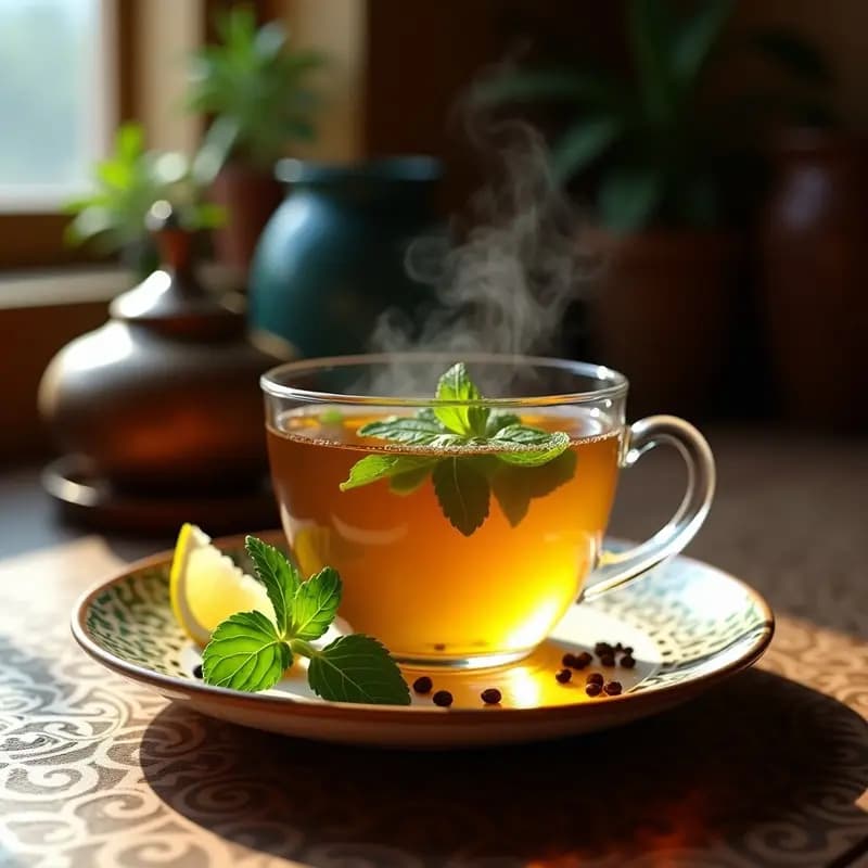 Taza de cerámica tradicional con té moruno humeante, hojas de hierbabuena frescas flotando en la superficie, especias enteras al fondo y rodaja de jengibre al lado, sobre mesa de madera rústica.