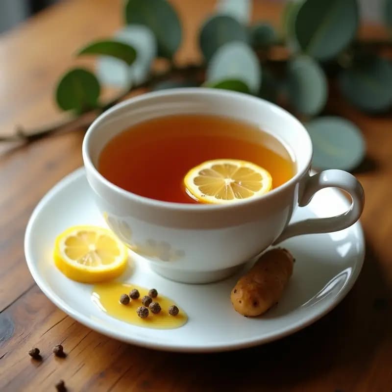 Taza de porcelana blanca con té de raíz de lotera y jengibre, color ámbar oscuro, espiral de miel de Manuka en la superficie, rodaja de limón amarillo y granos de pimienta de Tasmania al lado, fondo de madera rústica con hojas de eucalipto.