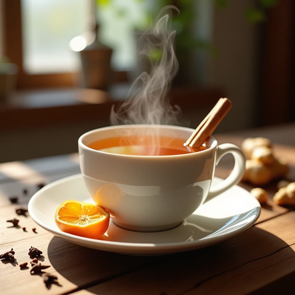 Taza de cerámica blanca humeante con té de raíz de loto y canela, de color ámbar claro, decorada con una rama de canela y una rodaja de naranja secada en el borde. Fondo de madera rústica con hojas de loto y especias esparcidas.