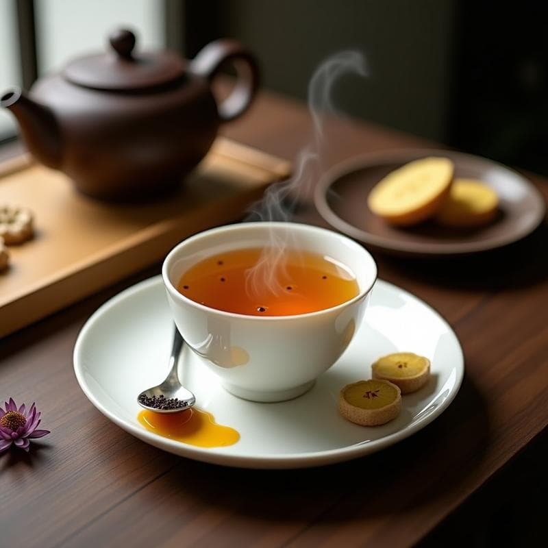 Taza de porcelana blanca con té dorado de raíz de loto y jengibre, humeante, acompañada de una rodaja de jengibre fresco y una cucharita de miel de Manuka sobre una mesa de madera oscura. Bebida china antiinflamatoria y calmante.