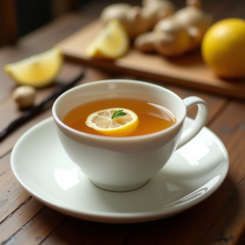 Taza de porcelana blanca con té de raíz de loto y jengibre con esencia de vainilla, decorada con rodajas de limón y una ramita de stevia, sobre una mesa de madera rústica con fondo desenfocado.