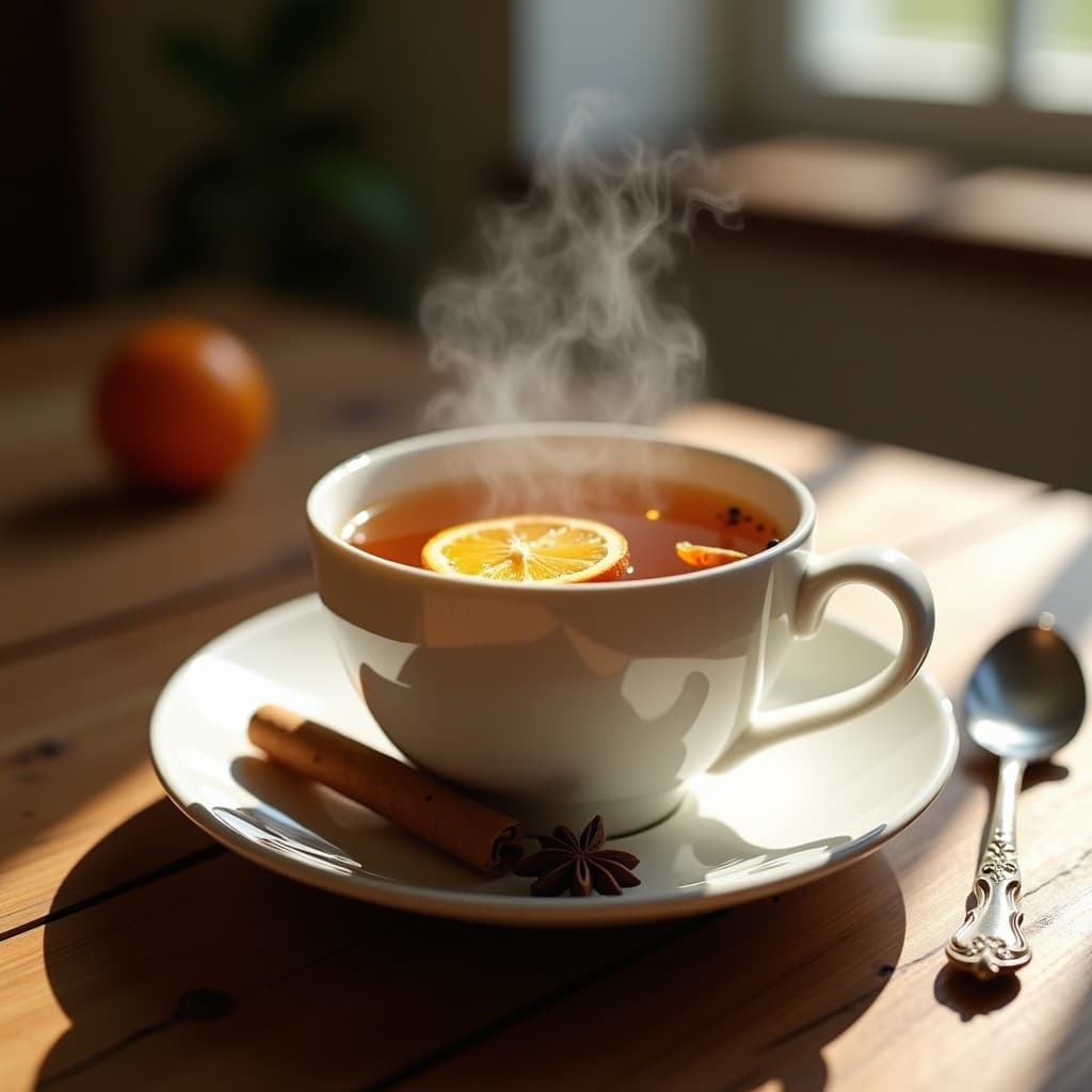 Taza de porcelana blanca con té de raíz de regaliz y canela, decorada con anís estrella y rodaja de naranja seca, humeante sobre mesa de madera rústica, infusión digestiva relajante.