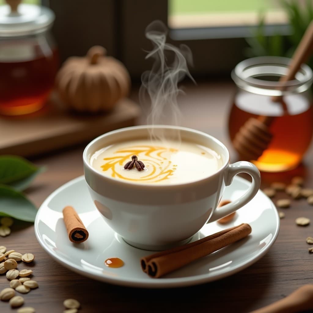 Taza de cerámica blanca con té de rooibos humeante, leche de avena espumosa y un hilo dorado de miel de Manuka, decorada con una rama de canela y un clavo de olor. Fondo rústico de madera con hojas de rooibos esparcidas y un tarro de miel de Manuka al lado. Bebida sudafricana antiinflamatoria lista para servir.