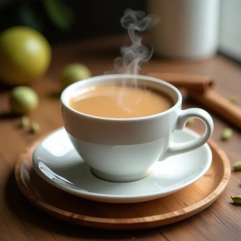 Taza de cerámica blanca con té de Rooibos caliente, leche de soja espumosa y semillas de cardamomo flotando, acompañada de una rama de canela y un platillo con especias al fondo.
