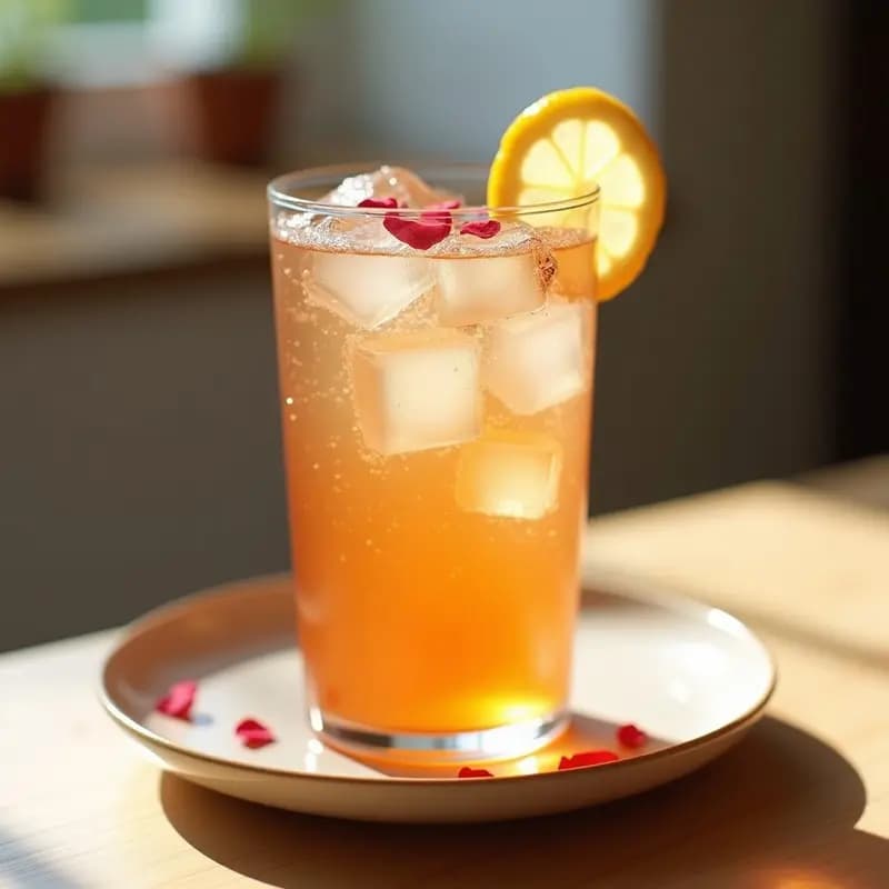 Vaso alto y elegante con té glacial de color ámbar claro, burbujas de agua de rosa en la superficie, hielo transparente, rodaja de limón y pétalos de rosa comestibles como decoración, sobre un fondo de madera clara con luz natural.