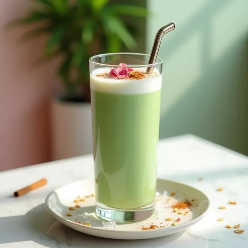 Vaso transparente alto con latte de té verde matcha y leche de avena, decorado con pétalos de rosa comestibles y canela en polvo, sobre fondo claro con efecto degradado pastel, receta estética antiinflamatoria.