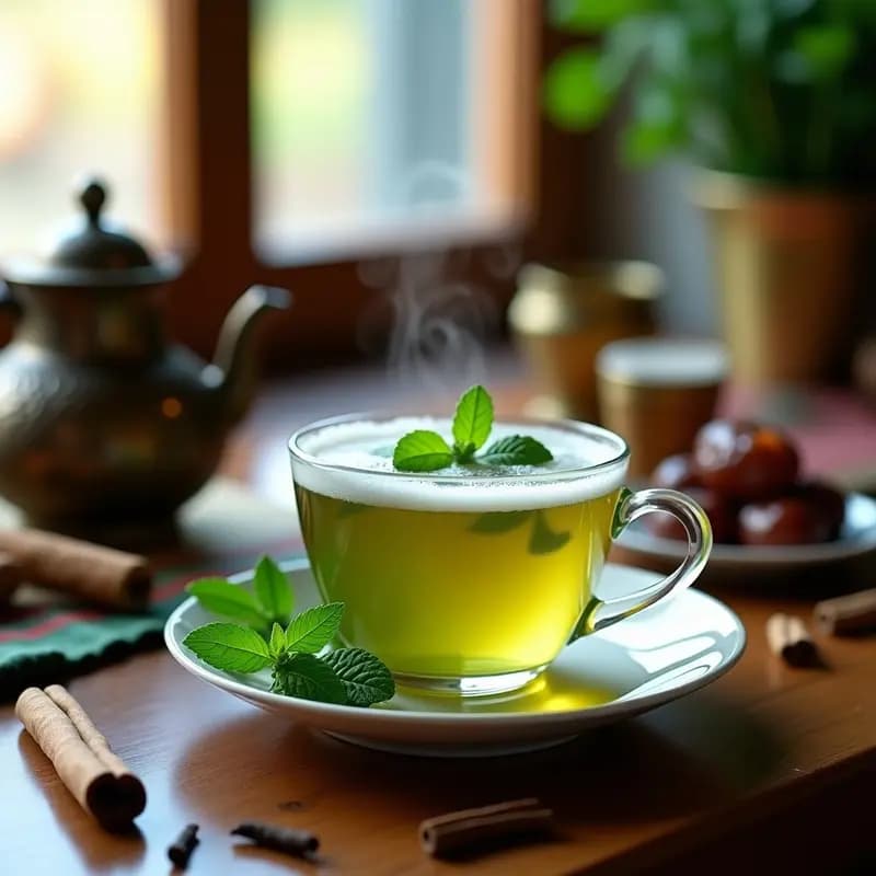 Taza de té verde marroquí humeante con hojas de menta fresca flotando, acompañada de una tetera de hierro y un plato con dátiles. Fondos de especias como canela y clavo de olor sobre una mesa de madera rústica.