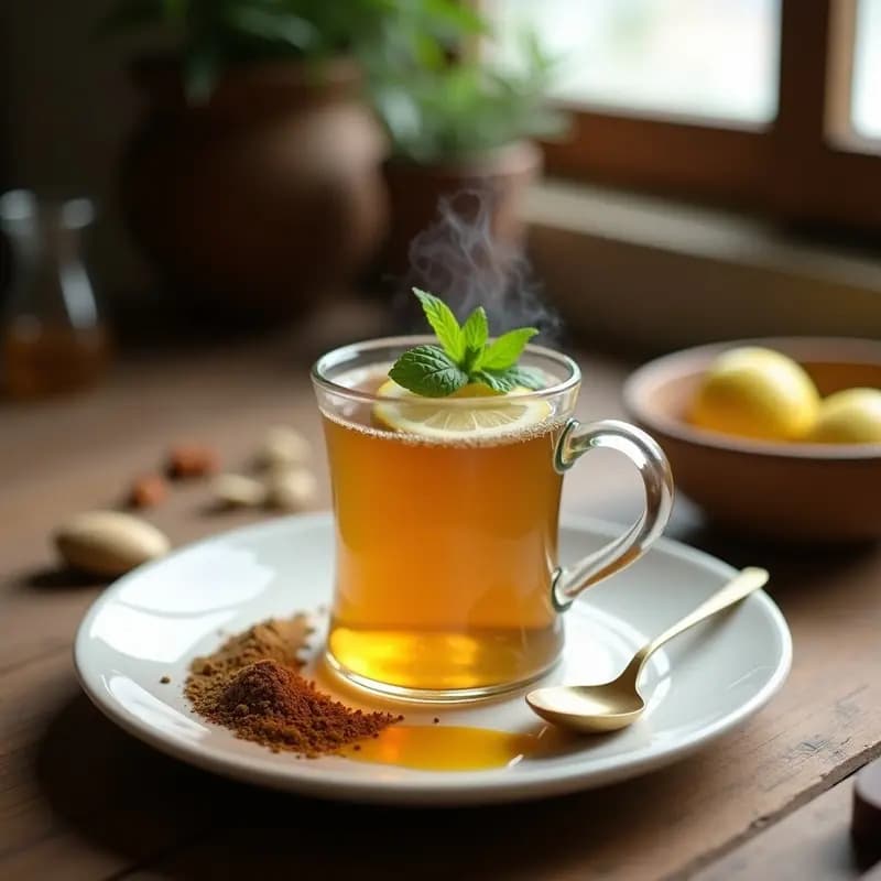 Taza de cerámica blanca con infusión dorada de té de zaatar, limón y miel de dátil, decorada con hojas de menta fresca y una rodaja de limón al lado. Fondo de madera rústica con especias zaatar esparcidas.