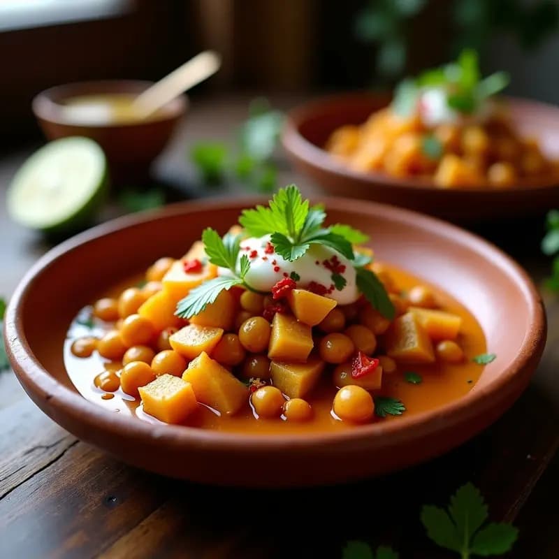 Plato de Teen Patti Chaat con trozos dorados de patata y garbanzo, bañados en salsa de tamarindo, decorados con cilantro, menta y copos de chile rojo sobre un fondo de yogur vegano de coco.
