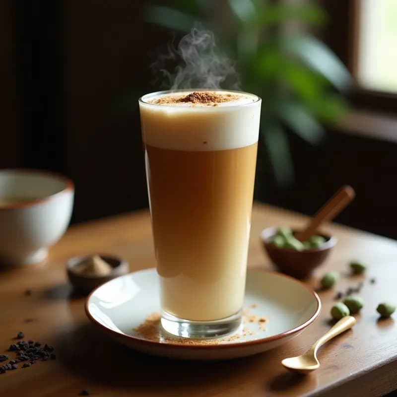 Vaso alto transparente con Teh Tarik espumoso de color ámbar oscuro, servido con leche de almendras, decorado con semillas de cardamomo y una pizca de canela en polvo sobre la espuma. Fondo borroso con especias y hojas de té.