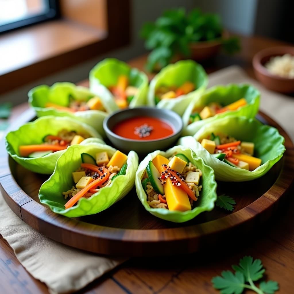 Temaki de aguacate y mango con salsa sriracha vegano y sin arroz, enrollados en hojas de lechuga romana, servidos en una bandeja de madera con salsa sriracha en un bol pequeño y semillas de sésamo negro espolvoreadas.