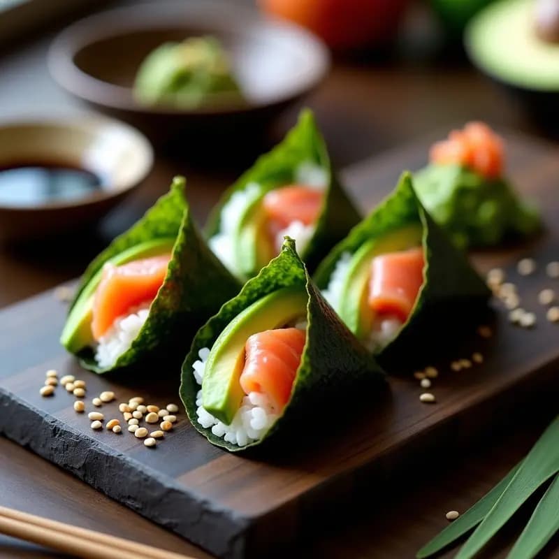 Temaki de salmón y aguacate recién enrollados, con algas nori oscuras y relleno de arroz blanco, salmón rosado en láminas y aguacate verde cremoso, servidos en plato de madera con salsa de soja y semillas de sésamo espolvoreadas.