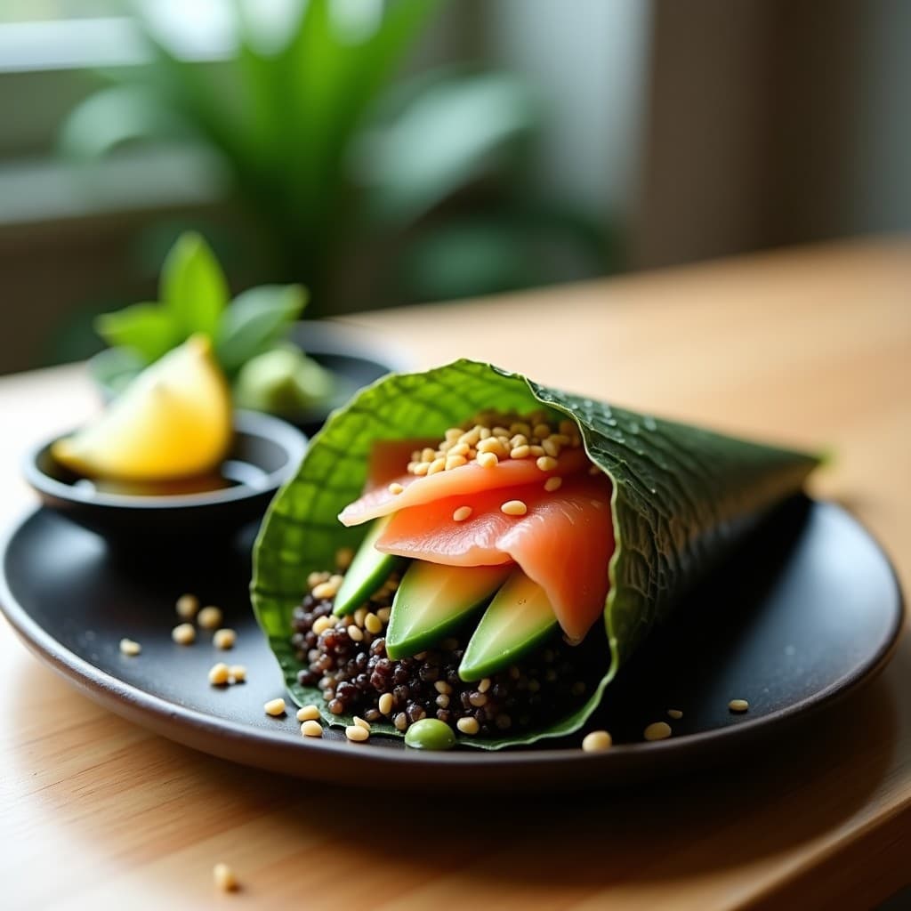 Temaki de salmón ahumado y quinoa negra keto, con alga nori crujiente relleno de láminas de salmón rosa, aguacate verde, pepino y semillas de sésamo, servido en plato de madera con salsa de soja y limón al lado.