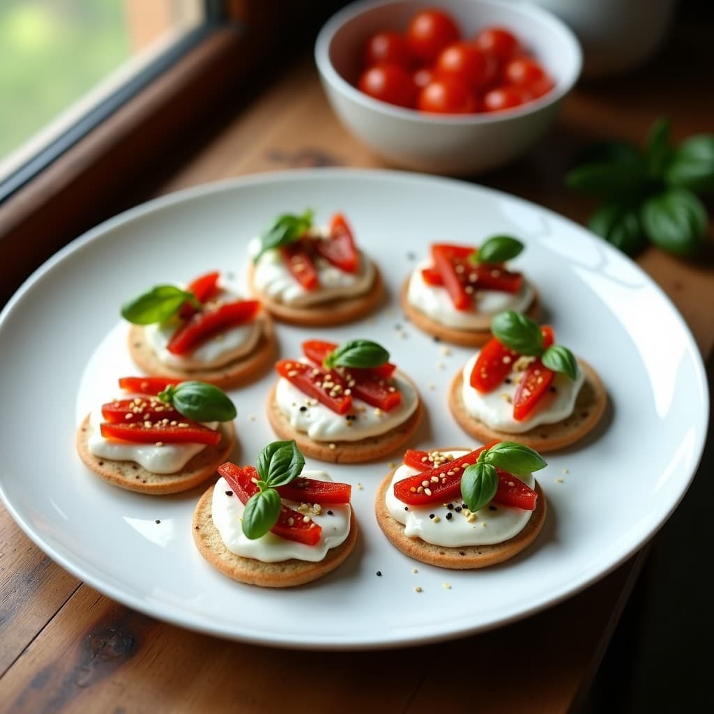 Plato blanco con Temas de Yogur Griego y Hierbas Provenzales con Tomates Secos, aperitivo francés alta en proteína, servidos en círculos de pita tostada con decoración de albahaca y sésamo.