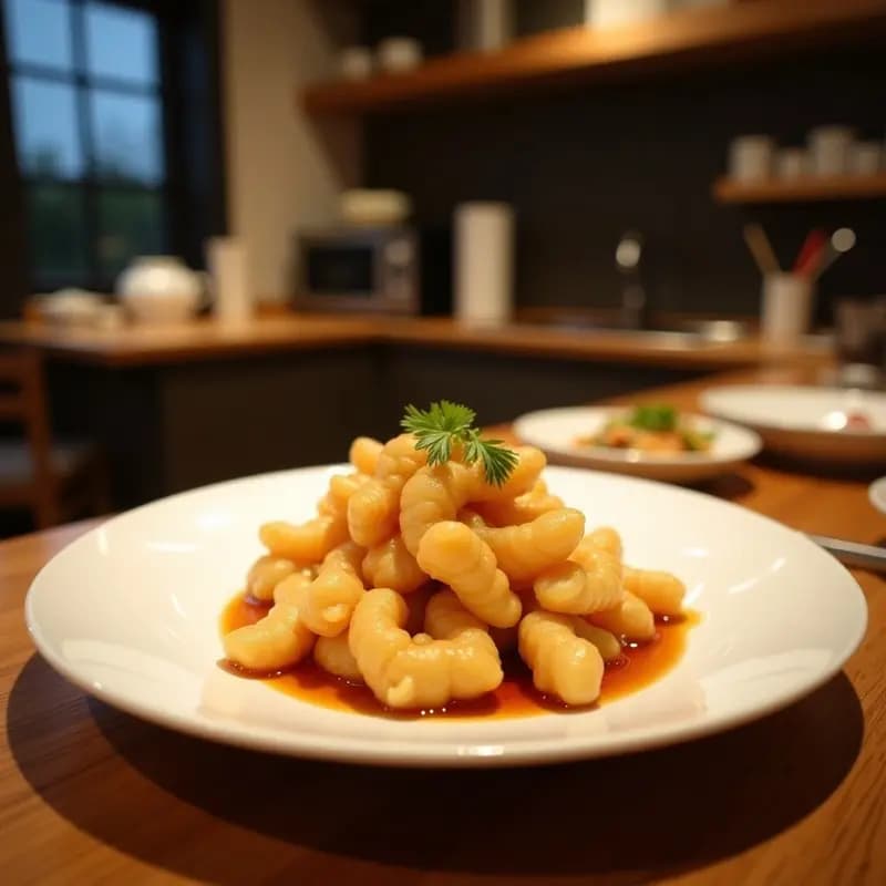 Plato blanco con tempura de ginkgo biloba dorado y crujiente, acompañado de salsa dashi oscura y cebollino picado. Fondos borrosos de hojas de ginkgo para ambientación tradicional japonesa.