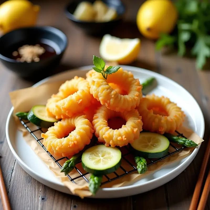 Plato blanco con tempura de verduras doradas y crujientes (berenjena, calabacín, pimiento y shiitake) acompañadas de un bol pequeño con salsa tentuyu de jengibre oscura y brillante. Decoración con almendras fileteadas y jengibre rallado. Fondo minimalista con tono cálido.