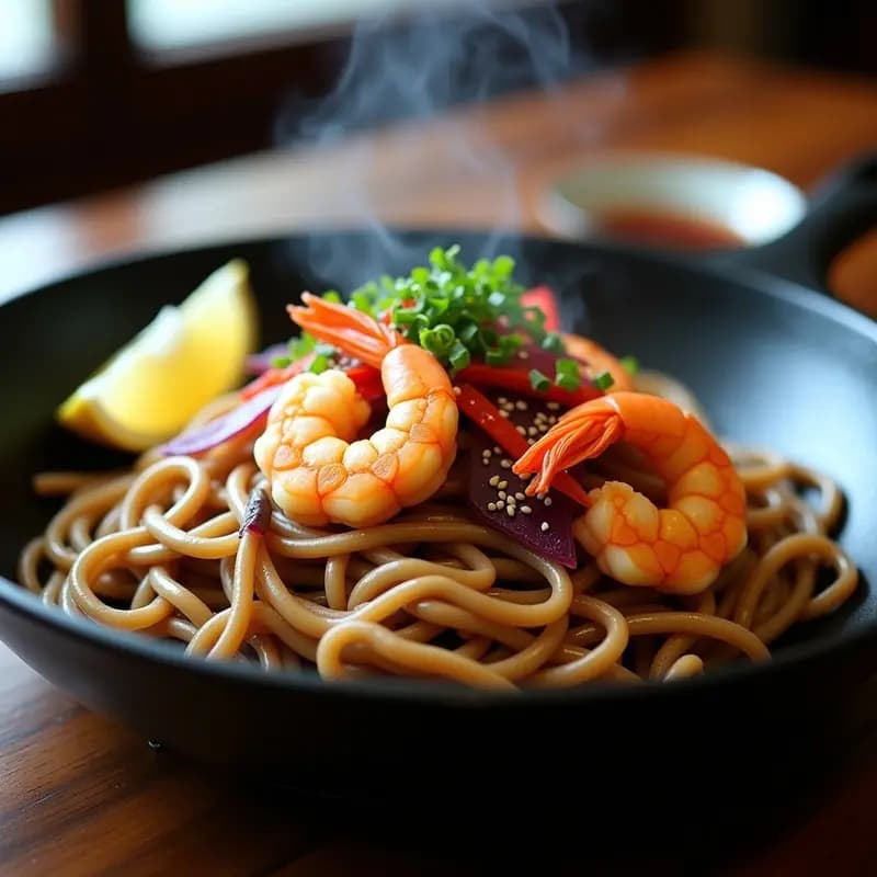 Plato de teppanyaki de camarones y fideos soba en sartén de hierro, con camarones dorados, fideos al dente, cebolla morada, pimiento rojo y semillas de sésamo, decorado con limón y ciboulette.