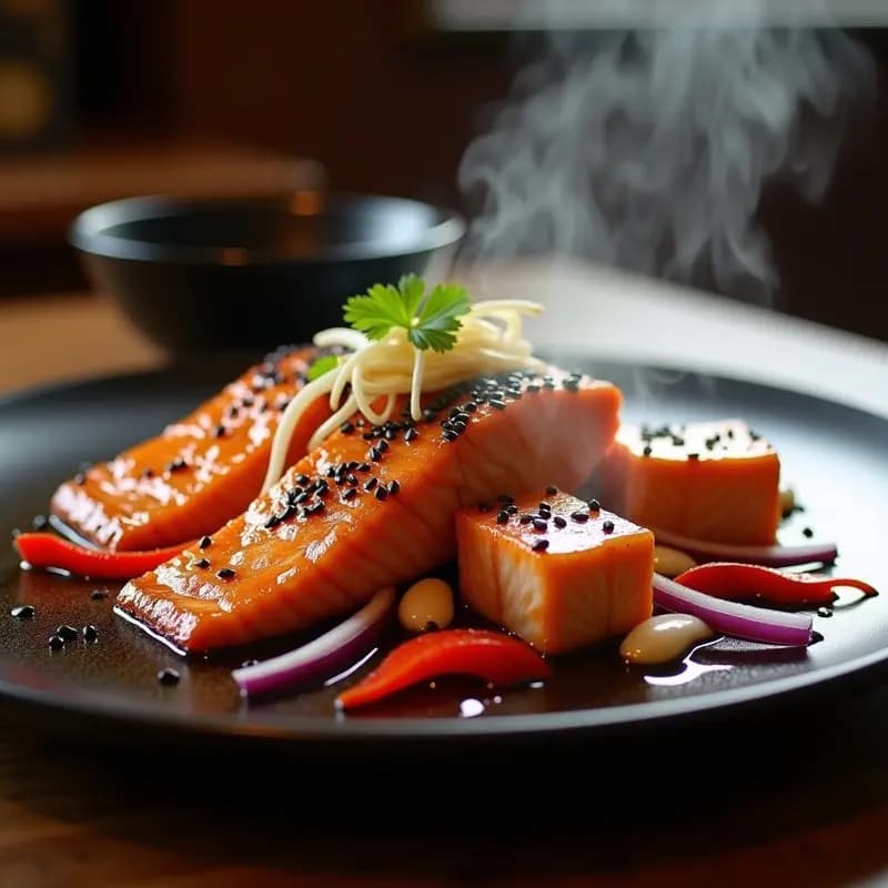 Plato de teppanyaki de salmón con salsa teriyaki de miel de agave, servido en sartén de hierro con cebolla morada, pimiento rojo y brotes de soja, espolvoreado con semillas de sésamo negro y bañado en salsa brillante.