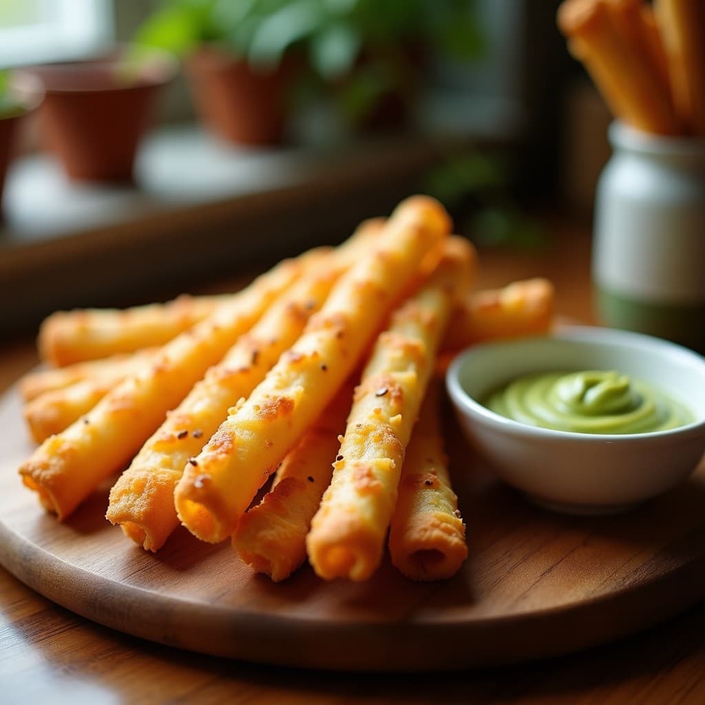 Tequeños de queso vegano y harina de arroz dorados y crujientes, alineados en una canasta de Airfryer con semillas de sésamo negro, acompañados de un dip verde de aguacate. Receta de aperitivo venezolano en Airfryer.