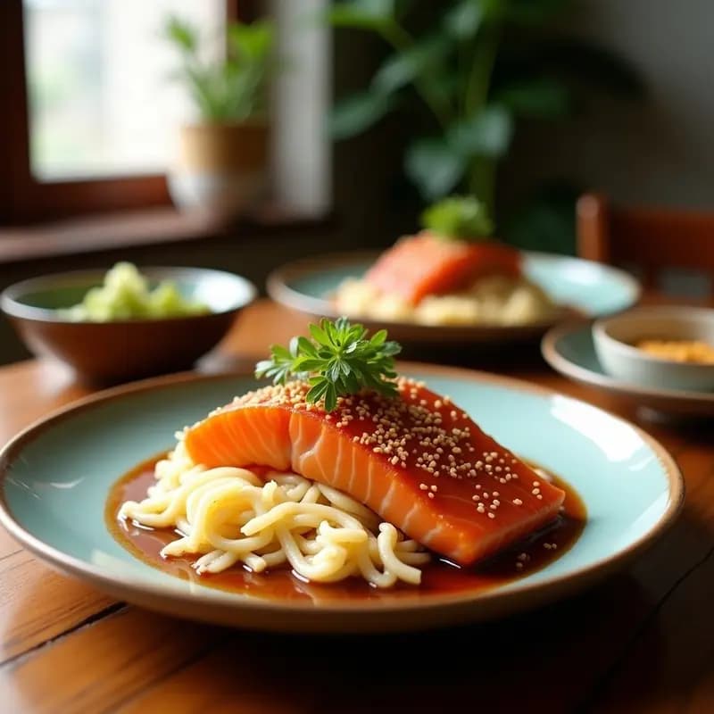 Plato japonés de teriyaki de salmón y espárragos blancos en olla exprés, con salsa brillante y semillas de sésamo negro y blanco espolvoreadas.