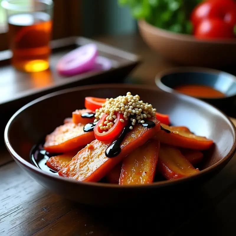 Plato de teriyaki de seitan vegano con tiras doradas glaseadas, cebolla morada y pimiento rojo salteados, bañados en salsa teriyaki brillante y acompañados de salsa cremosa de sésamo negro. Decorado con semillas de sésamo blanco y negro sobre fondo rústico.