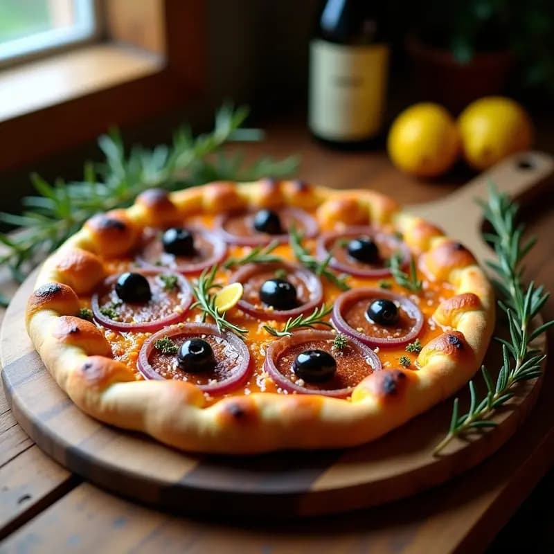 Terra de Sardenaira provenzal con base dorada y crujiente, cubierta de cebolla caramelizada, filetes de anchoas en aceite y aceitunas negras de Niza, espolvoreada con hierbas provenzales y ralladura de limón.