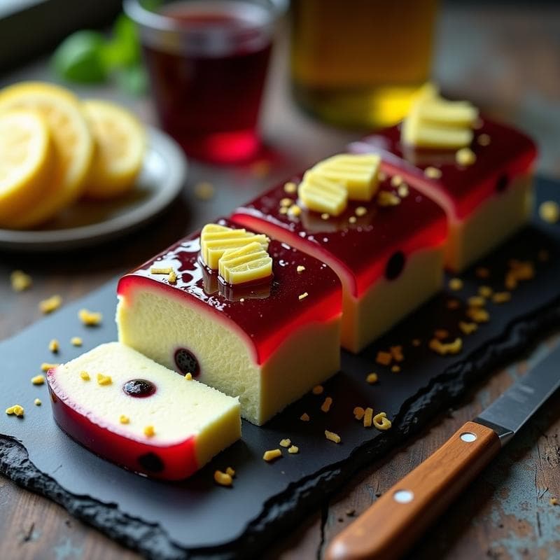 Terrina de alcachofas y aceitunas negras con gelée de vino tinto servida en plato blanco, mostrando capas perfectas de color verde oscuro y rojo intenso, decorada con aceitunas enteras y cebollino fresco, con un hilo de aceite de oliva virgen extra.