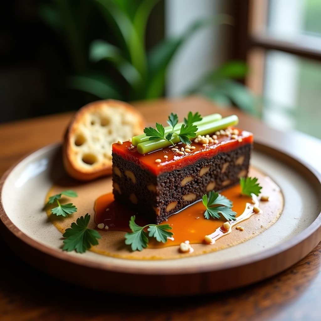 Terrina vegana de berenjena y lentejas beluga en molde rectangular, con capas visibles de puré oscuro de lentejas y berenjena asada dorada. Cubierta con gelée de tomate transparente y decorada con semillas de sésamo, perejil fresco y tallos de apio en diagonal. fondo rústico de madera con pan tostado al lado.