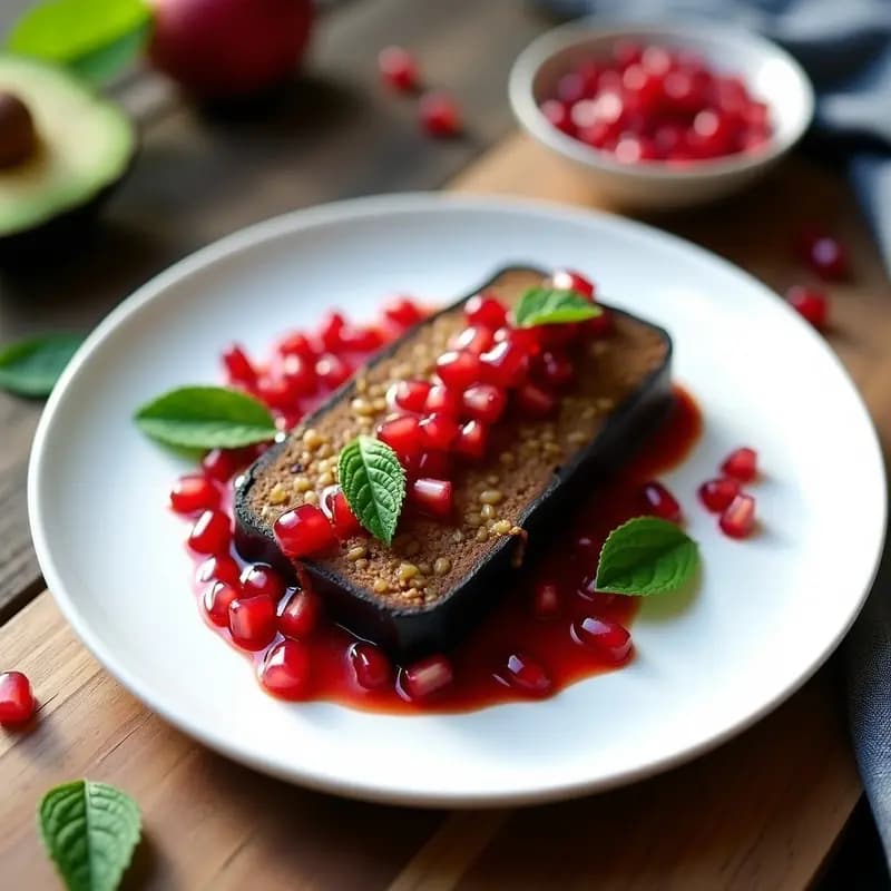 Terrina de berenjena y lentejas rojas cortada en rodajas sobre un plato blanco, con vinagreta de granada y hojas de menta fresca como decoración. Receta vegana en Thermomix.