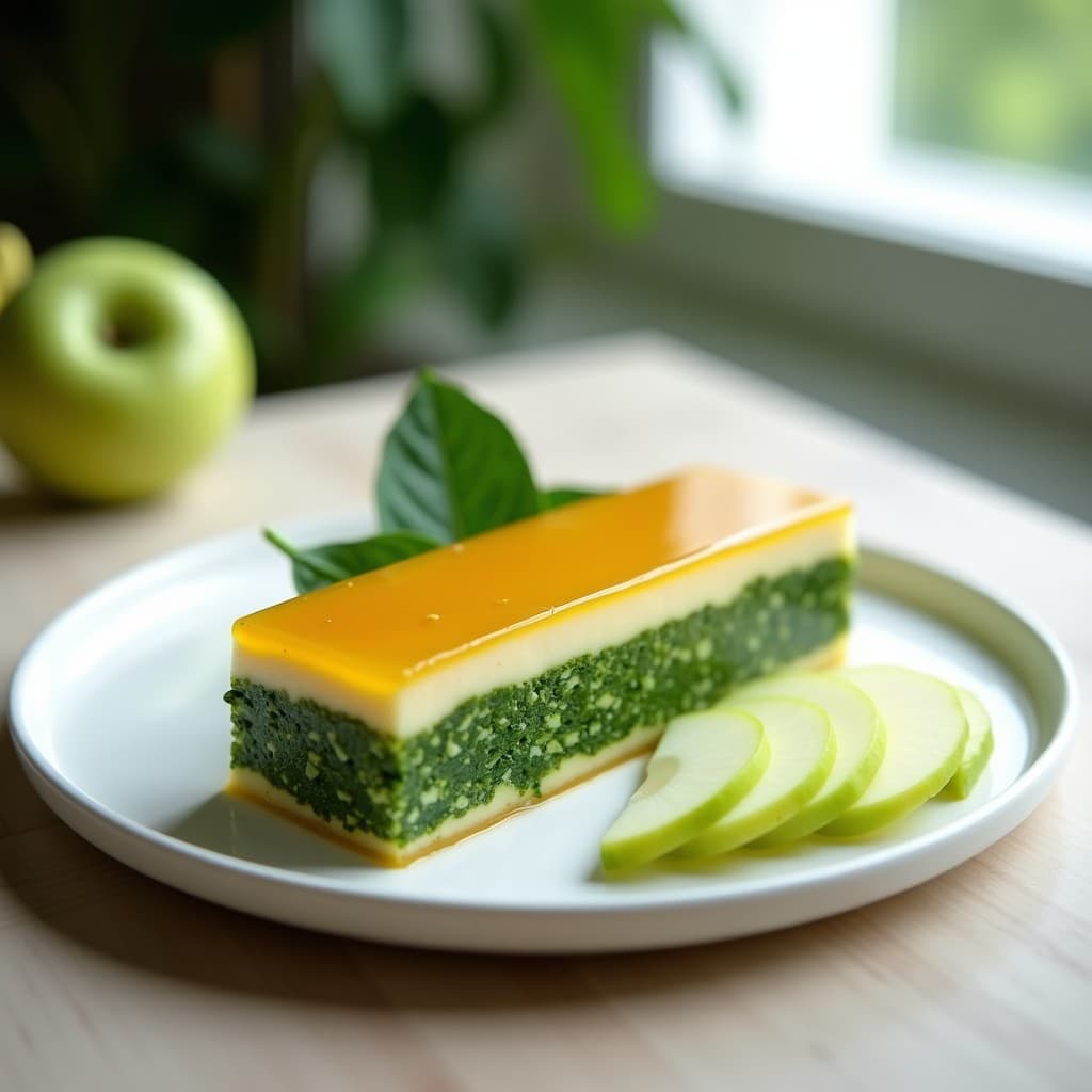 Terrina de espinacas y tofu sedoso con capas definidas, coronada por una gelée de manzana brillante y dorada, servida en plato blanco con rodajas de manzana fresca como decoración. Entrante francés vegano y sin gluten.