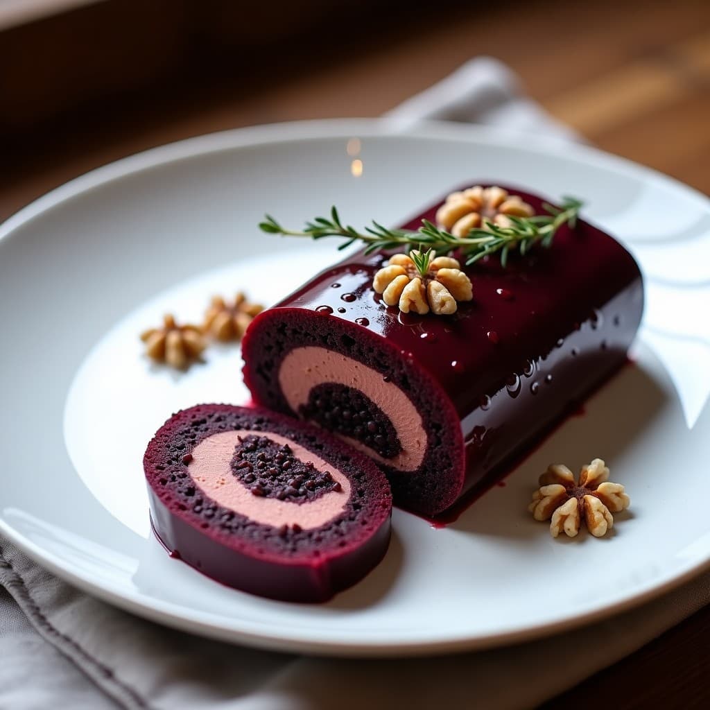 Terrina de lentejas beluga y remolacha con gelée de vino tinto en plato blanco, capas visibles de color morado y rojo, gelée brillante en la superficie, decorada con nueces y tomillo fresco, receta vegana gourmet en Thermomix.