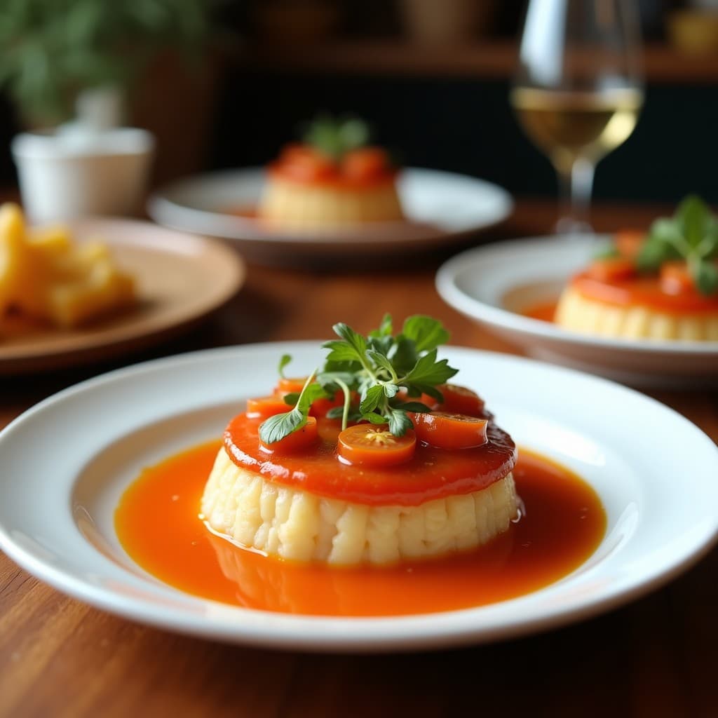 Terrina vegana de lentejas y champiñones con gelatina de tomate en molde silicone, capas visibles y decoración con hojas de tomillo fresco.