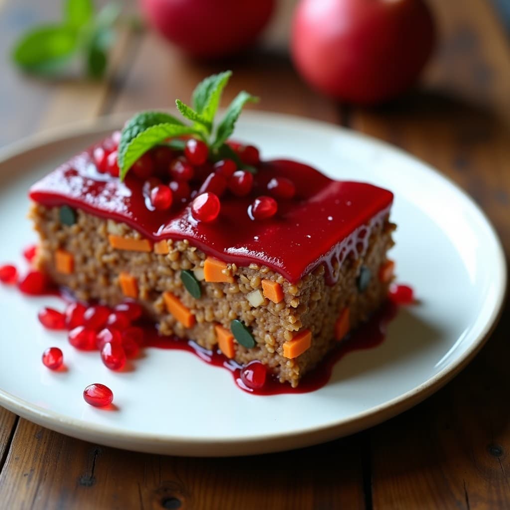 Terrina vegana francesa de lentejas y zanahoria en molde rectangular, con capa superior brillante de gelée de granada, cortada en porciones sobre plato blanco con detalles de semillas de granada y hojas de menta.