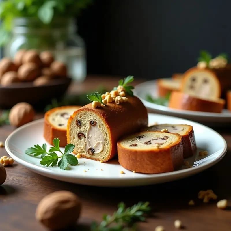 Terrina de paté de champiñones y nueces vegana servida sobre pan de centeno tostado, con decoración de nueces picadas y perejil fresco. Plato elegante de inspiración francesa con textura sedosa y color dorado.
