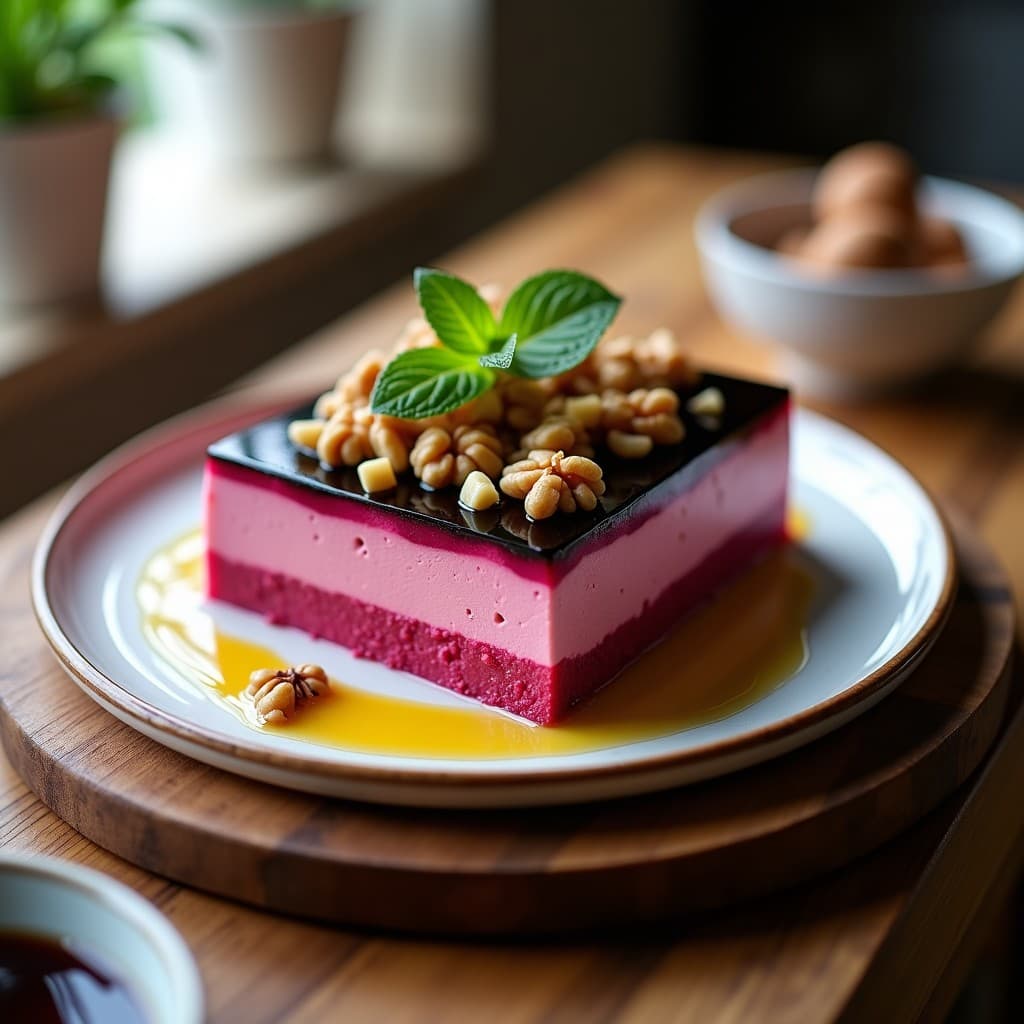 Terrina de remolacha y nueces con gelée de vinagre balsámico en molde rectangular, capas visibles de crema rosada, nueces picadas y gelée brillante, decorada con hojas de menta y aceite de oliva.