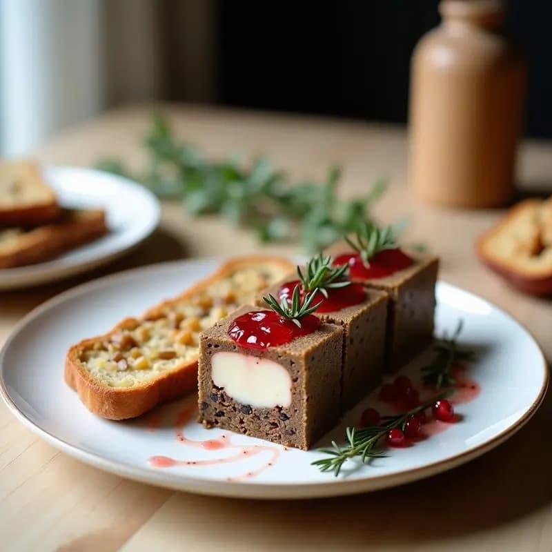 Terrine francesa en rodajas sobre plato de pizarra, con capas visibles de lentejas beluga oscuras y crema de foie gras vegetal amarillo pálido, decorada con hojas de tomillo y aceite de oliva, acompañada de crackers sin gluten.
