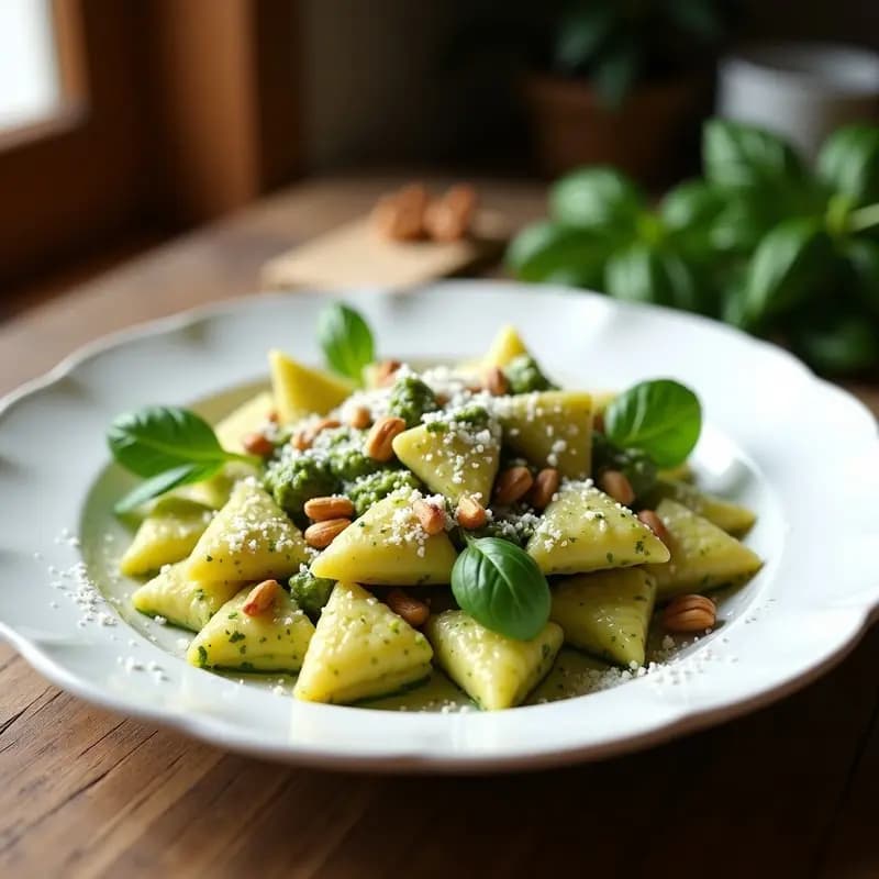 Plato hondo de cerámica blanca con Testaroli al dente cubiertos de Pesto Genovés cremoso, decorado con hojas de albahaca fresca y piñones tostados. Pasta italiana tradicional sin huevo y sin gluten.