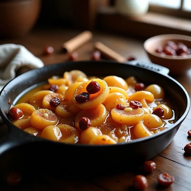 Sartén de hierro con tfaya marroquí: cebolla caramelizada dorada con pasas sultanas, espolvoreada con canela en polvo, sobre fondo rústico de madera.