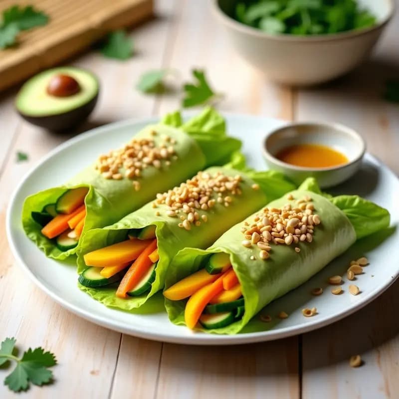 Thai Roll de mango y aguacate en bandeja de madera, aperitivo tailandés vegano sin cocinar con hojas de lechuga rellenas de tiras de mango, aguacate, zanahoria y pepino, decorado con semillas de sésamo y cilantro.