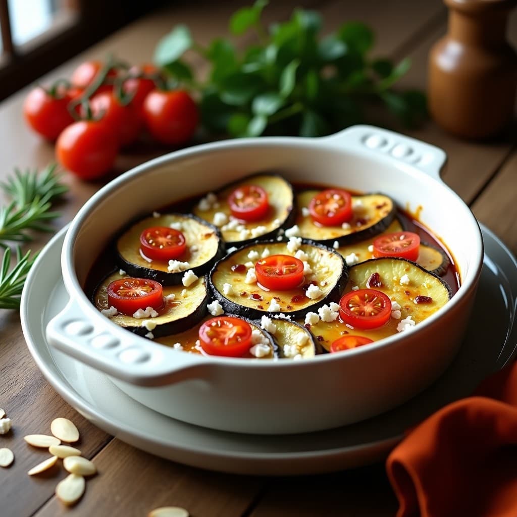 Tian de berenjena y calabacín con queso de cabra keto en horno, capas de verduras asadas con tomates cherry y almendras fileteadas doradas, receta francesa baja en carbohidratos.