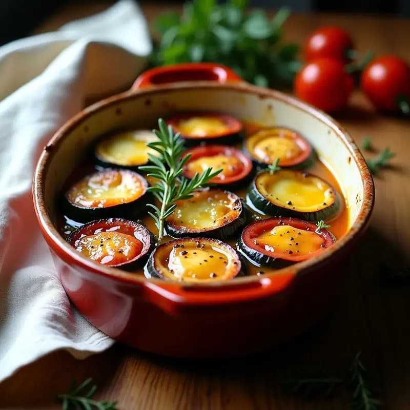 Tian provenzal de calabacín, tomate y aubergine en fuente de barro horneada, con capas perfectamente alineadas y doradas, decorado con hojas de albahaca fresca y un hilo de aceite de oliva.