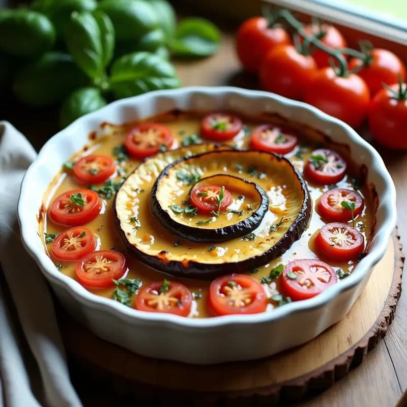 Tian Provenzal de berenjena y tomate vegano al horno, con capas de rodajas finas de berenjena, tomate y cebolla morada, cubierto de crema dorada de anacardos y hierbas provenzales, servido en molde rústico de cerámica.