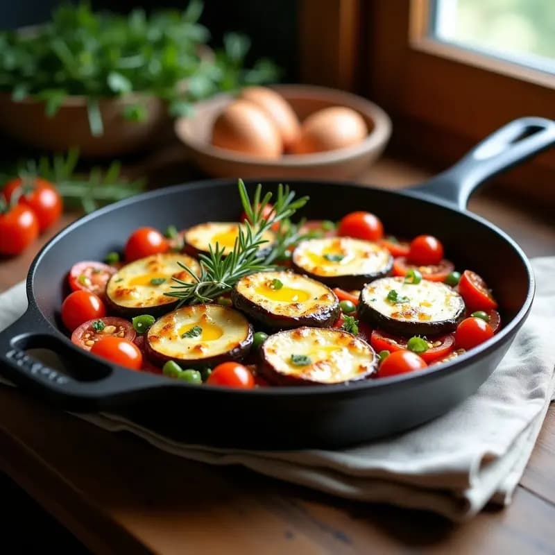 Tian de verduras provenzal en sartén antiadherente, con capas de berenjena, calabacín y tomate, coronado con queso de almendras dorado y hierbas frescas, receta francesa sin lactosa.