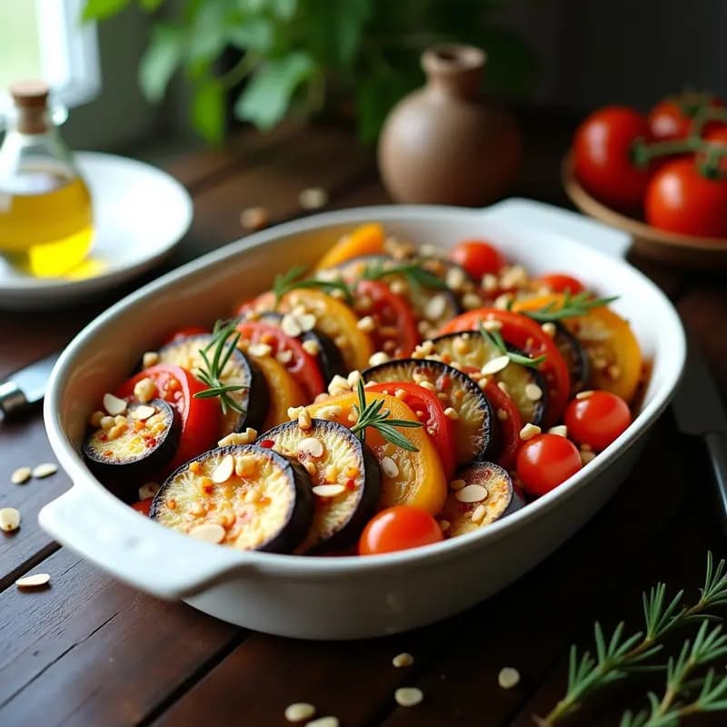 Tian de Verduras Provenzal con Tomates Confitados: plato ovalado de cerámica blanca con capas concéntricas de berenjena, calabacín y pimientos asados, coronado con tomates cherry confitados dorados y hierbas provenzales frescas.