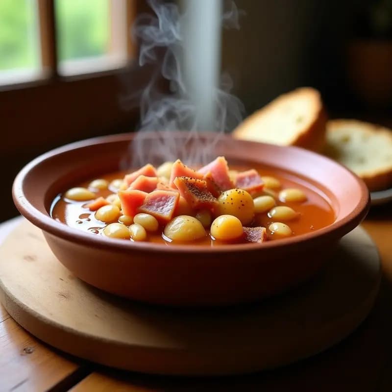 Plato hondo de barro con tigas de habas con jamón, guiso canario tradicional con habas tiernas, patatas y trozos de jamón serrano, servido humeante.